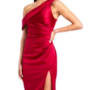 Lavish Alice Pleated One Shoulder Satin Midi Dress